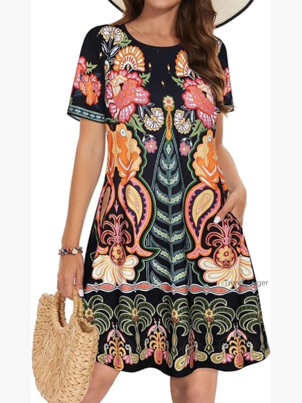 Casual Floral Sundress with Pockets Short Sleeve Beach Cover Up - Picture 1 of 7